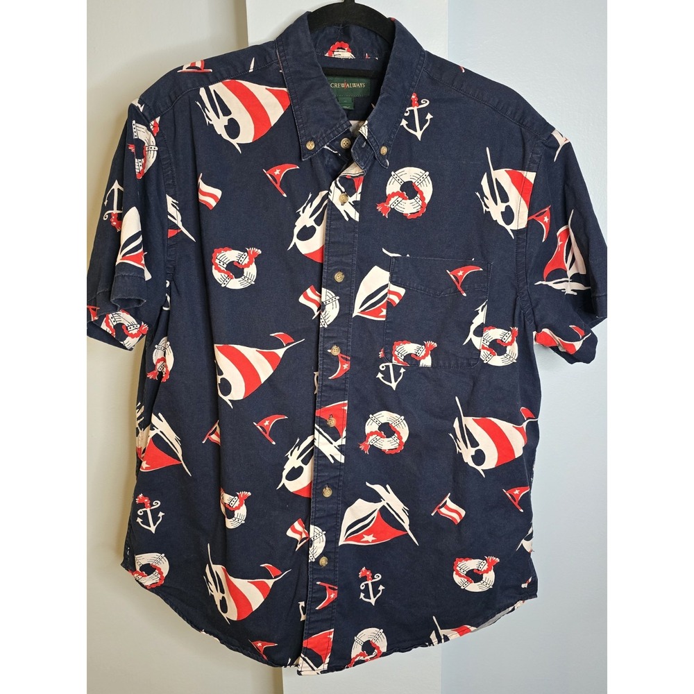 J.Crew Sailboat Shirt Mens L Navy Blue Button‎ Down Short Sleeve Preppy
